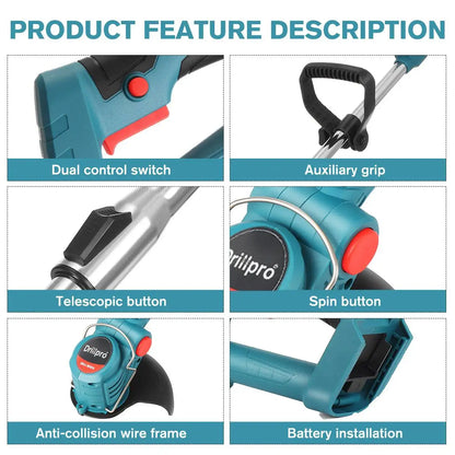 Drillpro Electric Lawn Mower 2X Li-ion Batteries Cordless Grass Trimmer Adjustable Handheld Garden Tools for Makita 18V Battery