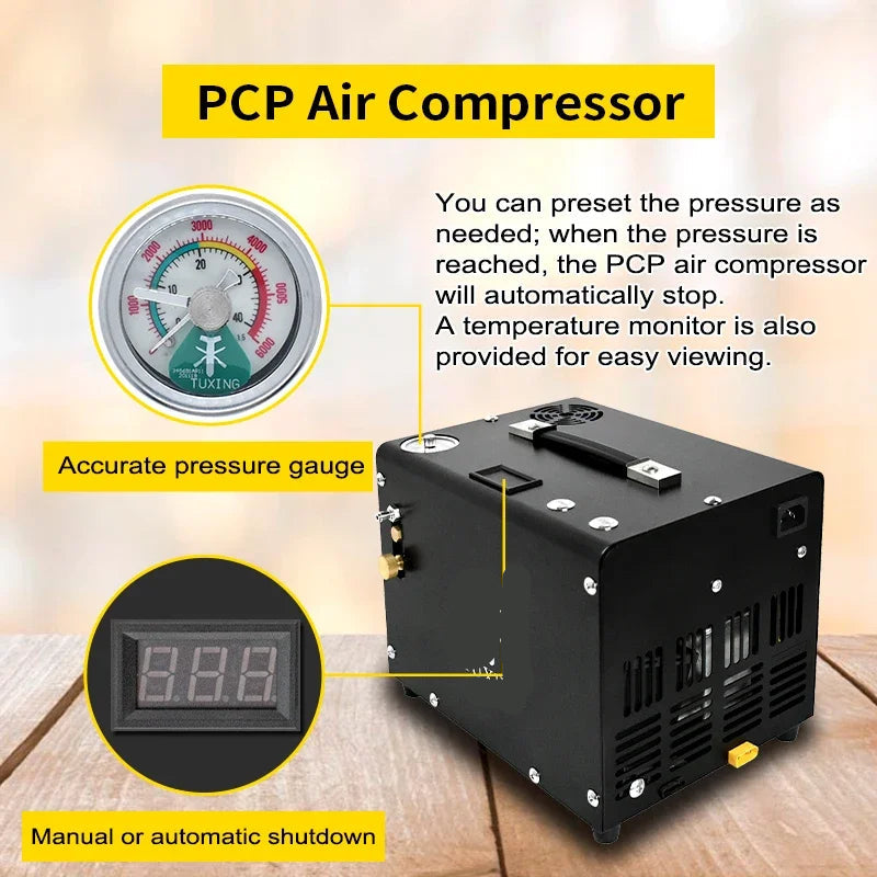 Luchtcompressor - Compressor - Luchtpomp - Air Compressor - 4500Psi - 300bar - PCP - Hoge Druk Compressor – Ingebouwde 12V Voedingsadapter – Geschikt voor Scuba Tanks en Luchtgeweren – Auto Stop Versie – 220V