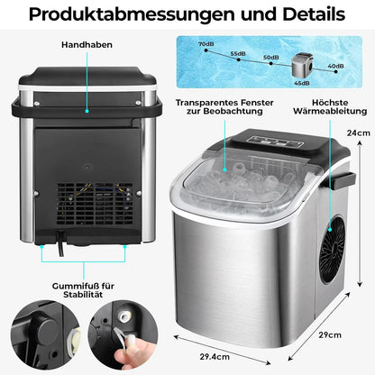 Ijsblokjesmachine - Elektrische Ijsblokjesmachine - Ijsmaker - Ijsmachine - 9 Kubussen elke 6-12min - Zelfreinigend - 1.2L - 55 dB - 220-240V - 50Hz - 10-43℃ - RVS - 29.4 x 23.7 x 29cm - Zilver