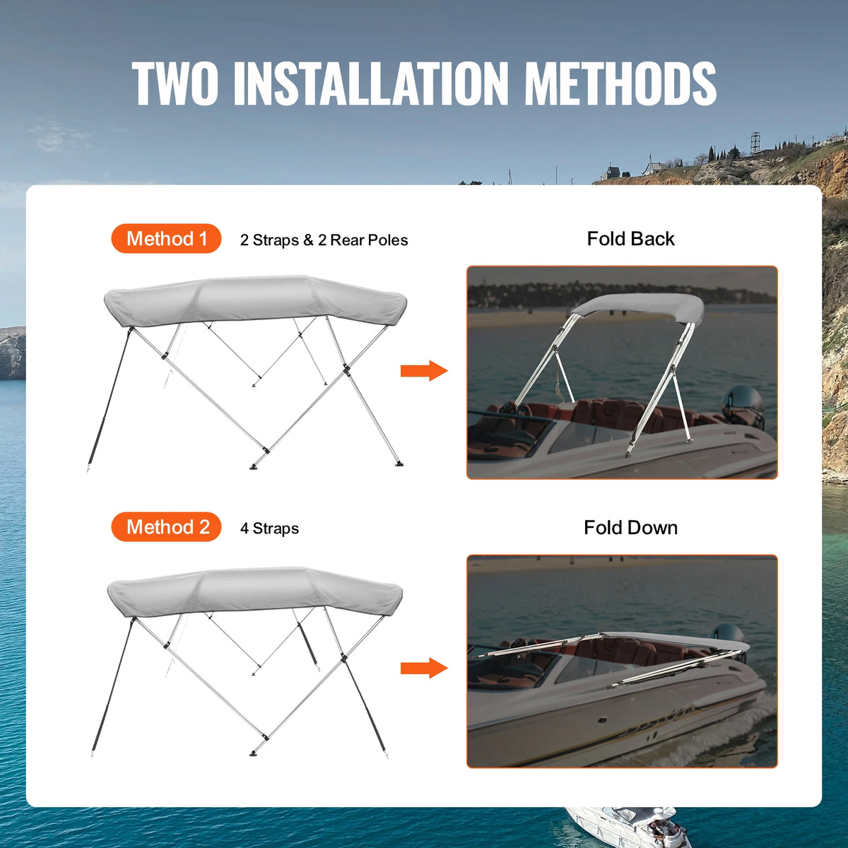 Biminitop 4 Bow - Biminitops - Parasolhoes - Bow Bimini Top Boat Cover - 900D Polyester Canopy - met 1” Aluminium Alloy Frame - Waterdicht - Pacific Blue