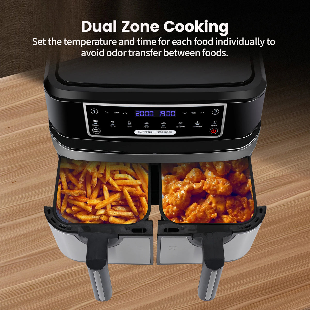 Digitale Airfryer - PFAS vrij - Groot 9 Liter - Heteluchtfriteuse - Zwart - Digital screen - 8 Voorinstellingen - Inclusief in hoogte verstelbaar Grillrack - 2 onafhankelijke 4,5L lades - met LED-touchscreen