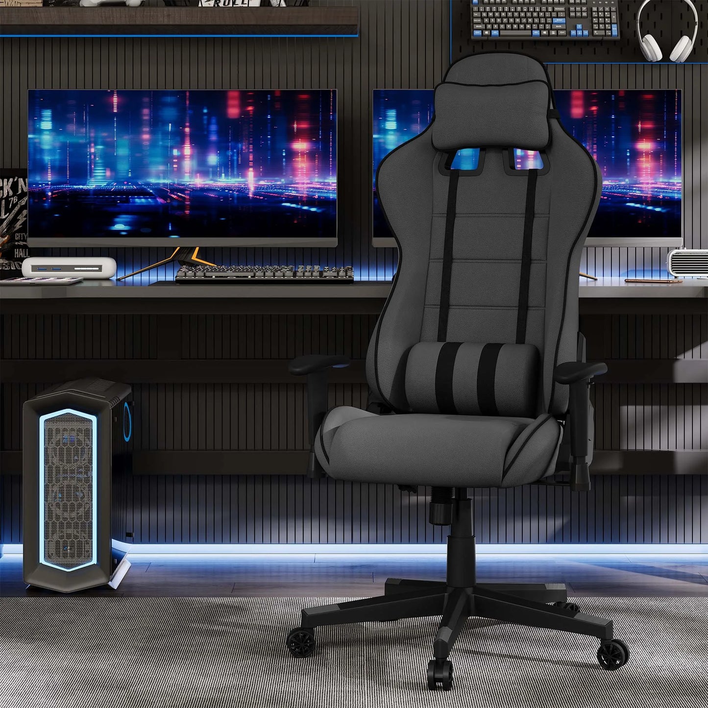 Gaming Stoel - Racing - Bureau - Ergonomische Mesh - Verstelbare - met Hoofdsteun - Nekkussen - Lendensteun - 135° Kantelfunctie - Ademend Textiel – Tot 150 kg - Zwart en Grijs
