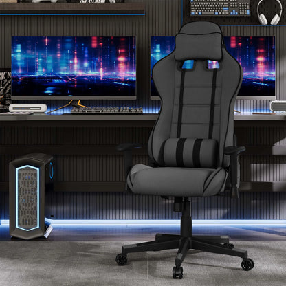 Gaming Stoel - Racing - Bureau - Ergonomische Mesh - Verstelbare - met Hoofdsteun - Nekkussen - Lendensteun - 135° Kantelfunctie - Ademend Textiel – Tot 150 kg - Zwart en Grijs