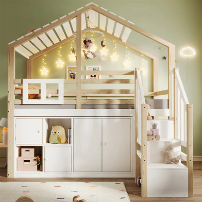 Hoogslaper – Kinderbed – Huisbed – Stapelbed – Hochslaper Kind – Massief Houten Frame – Slimme Opbergruimte Met Kast En Trap