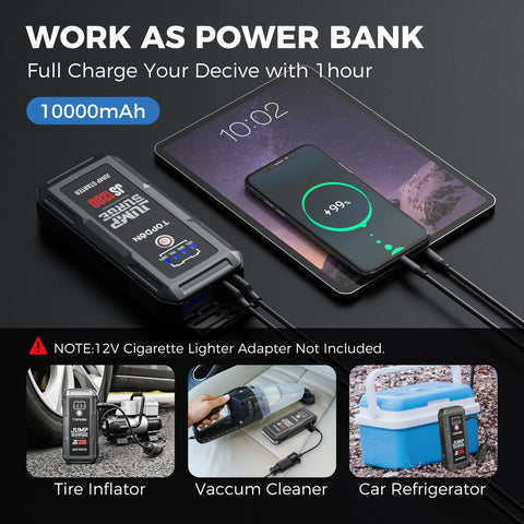Jumpstarter - Jumpstarter voor Auto - Auto Startapparaat - 12V - 1200A - 10000mAh - 37Wh - Jumpstarter met Powerbank - Smart - Jumpstarter - USB - Verlichting - Sigarettenaansteker - Zwart