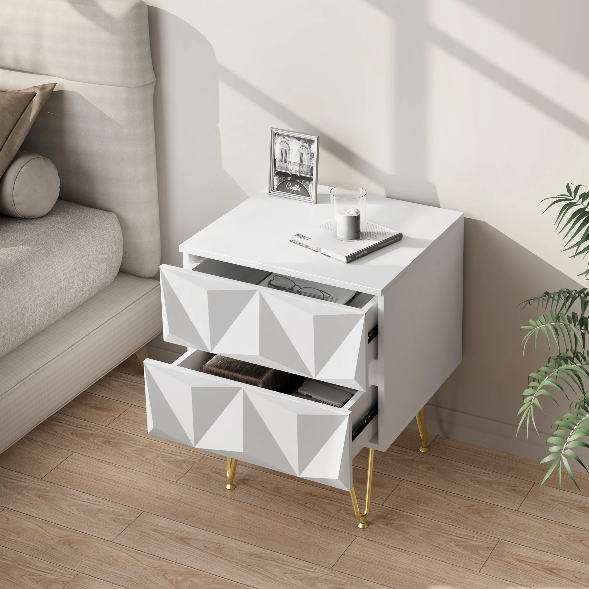 Nachtkastje met Geometrisch Design – Moderne Bedkast met 2 Lades en 3D-Effect – Witte & Gouden Afwerking – Compacte Ladekast 40x53x40 cm – Stijlvol voor Slaapkamer - QUORE