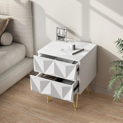 Nachtkastje met Geometrisch Design – Moderne Bedkast met 2 Lades en 3D-Effect – Witte & Gouden Afwerking – Compacte Ladekast 40x53x40 cm – Stijlvol voor Slaapkamer - QUORE