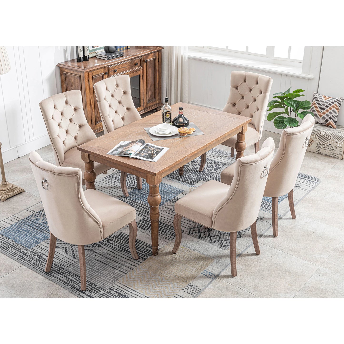 Eetkamerstoel – Fluwelen Stoel – Comfortabele Stoel – Hoge Rugleuning – Massief Rubberhout – Draagvermogen 150 Kg – Zachte Schuimlaag - 6 Stuks - Beige
