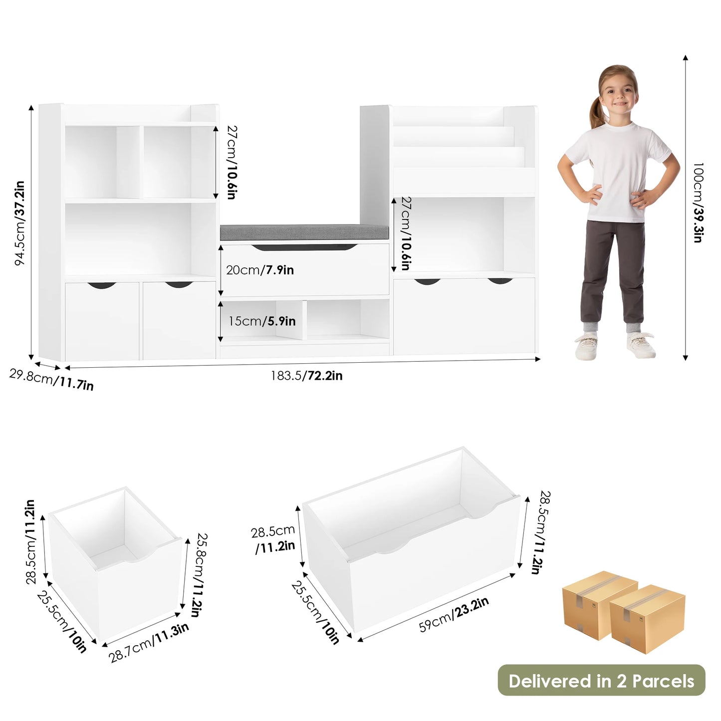 Opbergmeubel Kind – Speelgoedkast – Boekenkast – Kinderkast – Opbergkast – Wit – Met Bankje – 183,5 x 94,5 x 29,8 cm – Hout – 3 Rollende Lades