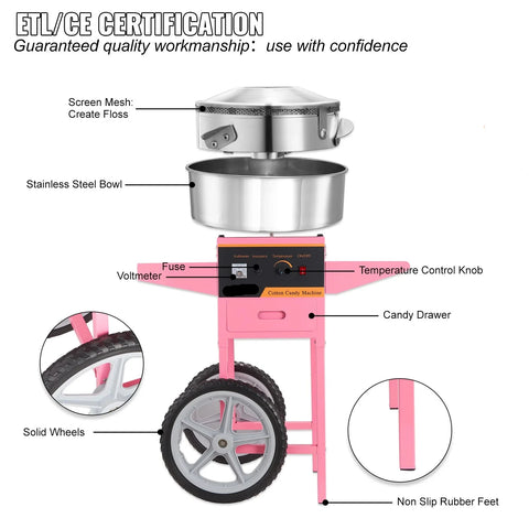 Commerciële Suikerspinmachine Retro - Professioneel - Suikerspinmakers - Met kar - Snoep - Kinderfeestje - Suikerspin Suiker - Cotton Candy - QUORE