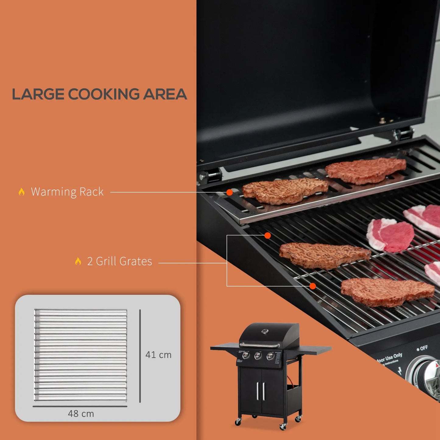 Gasbarbecue – Buitenbarbecue – Grill – Barbecuewagen – Compact – 3 Krachtige Branders – 41x24 Cm Grilloppervlak - QUORE