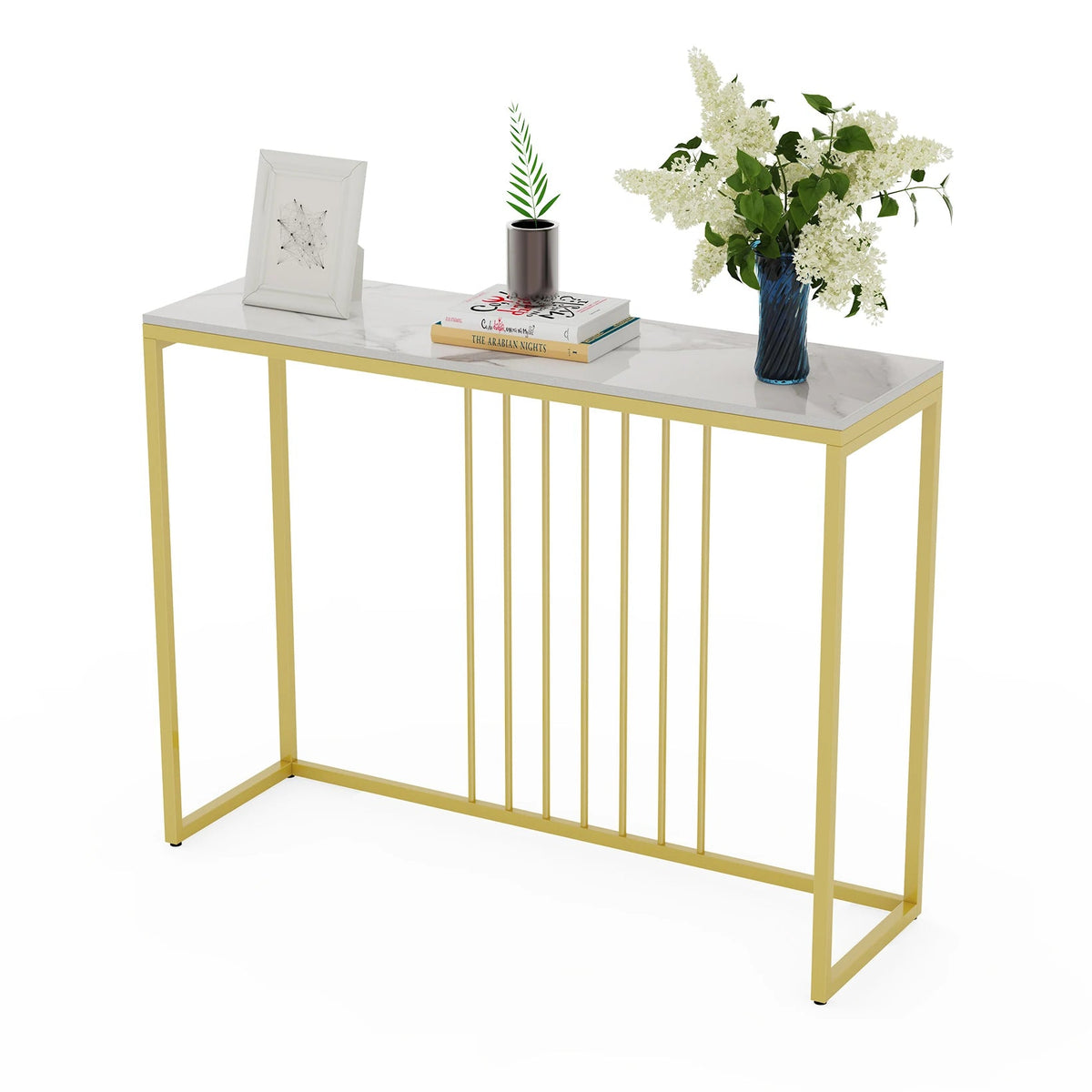 Tafel - Consoletafel - Haltafel - Moderne & Minimalistisch Consoletafel – Marmeren Look – Smalle Haltafel met Gouden Metaal Frame – Luxe Bijzettafel - voor Woonkamer - Gang - Entree - 100x30x78.5cm - Wit - QUORE