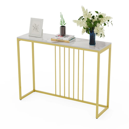 Tafel - Consoletafel - Haltafel - Moderne & Minimalistisch Consoletafel – Marmeren Look – Smalle Haltafel met Gouden Metaal Frame – Luxe Bijzettafel - voor Woonkamer - Gang - Entree - 100x30x78.5cm - Wit - QUORE