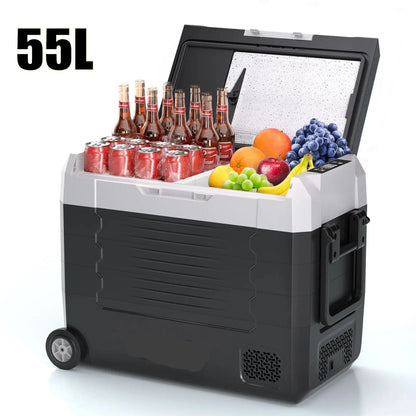Elektrische Koelbox - Refrigerator - Frigobox - Vriezer - Auto Koelkast - Compressor Koelbox - 55L - Dual Zone Vriezer & Koeler - 12V / 24V DC, 100-240V AC - Voor Camping en Reizen - met Wielen - Standaard