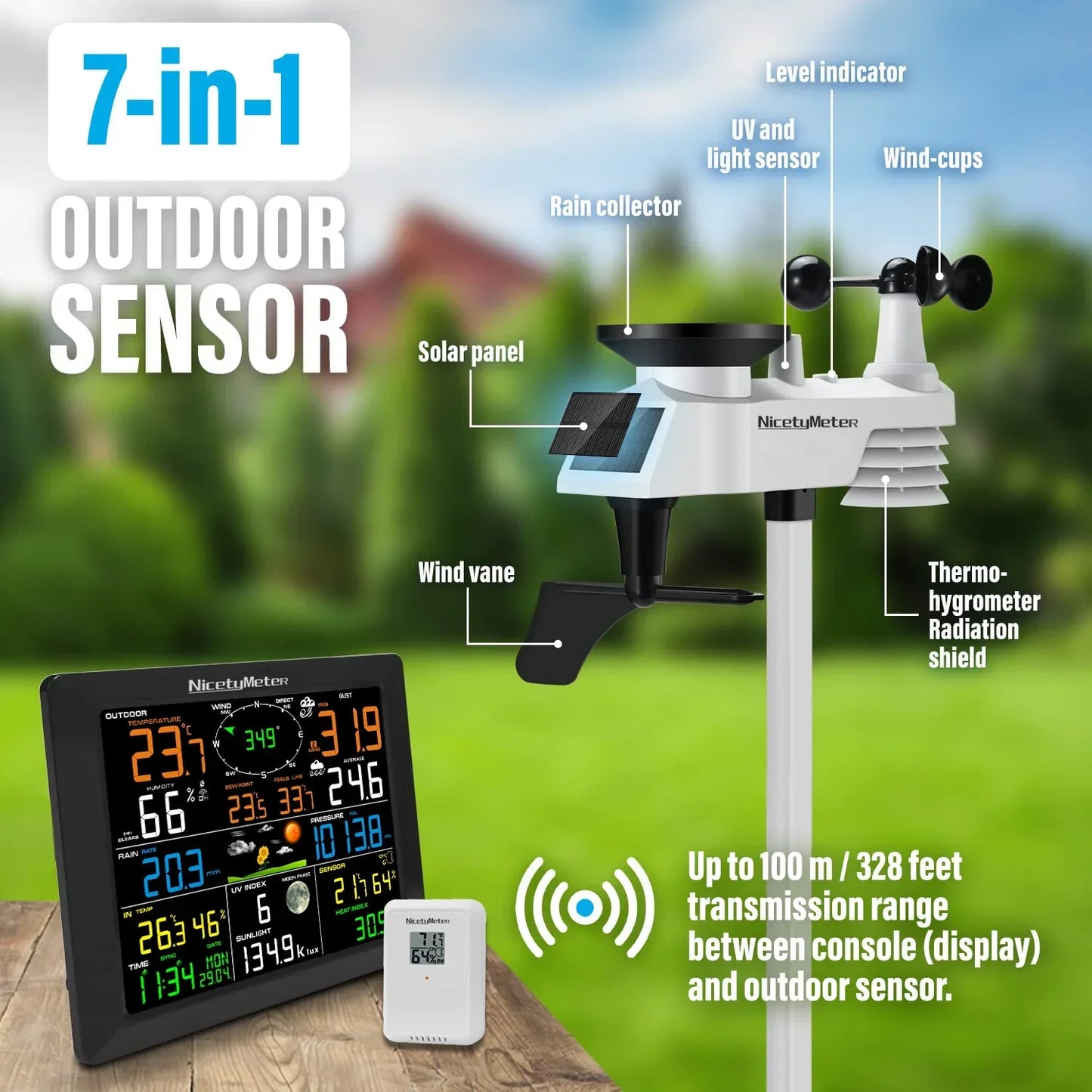 Weerstation – Hygrometer – Thermometer – Luchtvochtigheidsmeter – Regenmeter – Draadloos – Zonne-energie Buitensensor