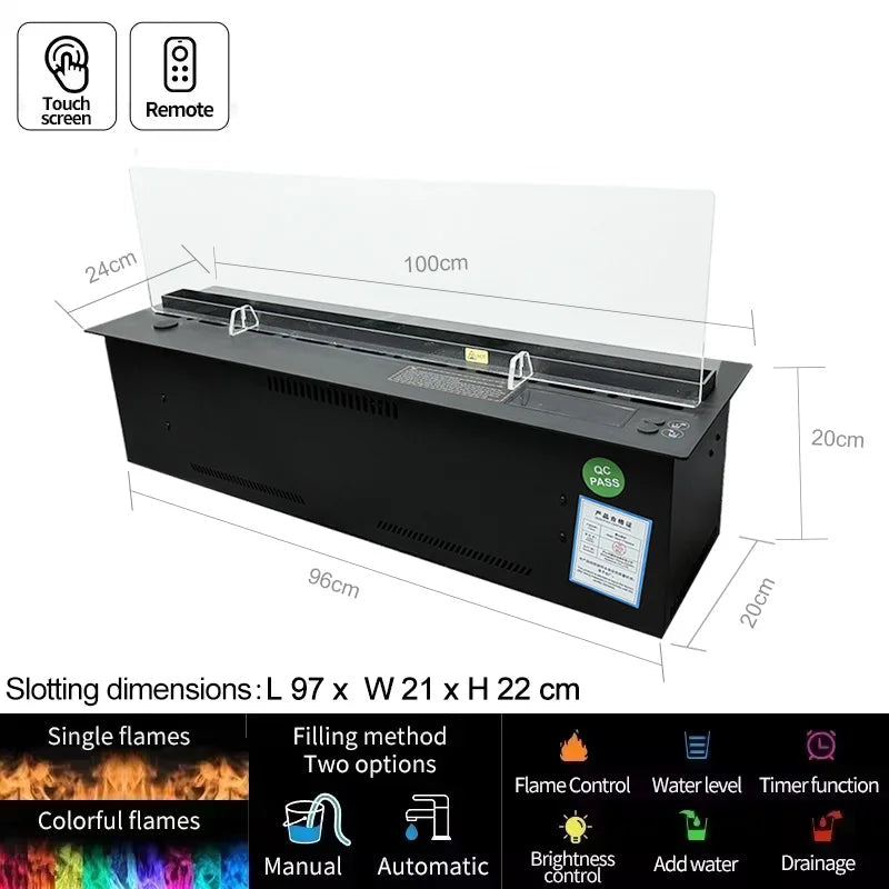 Inbouw Water Vapour Haard – Elektrische Haard – Waterdamp Haard – Ultrasone Mist Haard – LED Vlam Haard – Automatische Wateraanvulling – 1000mm Roestvrij Stalen Tank