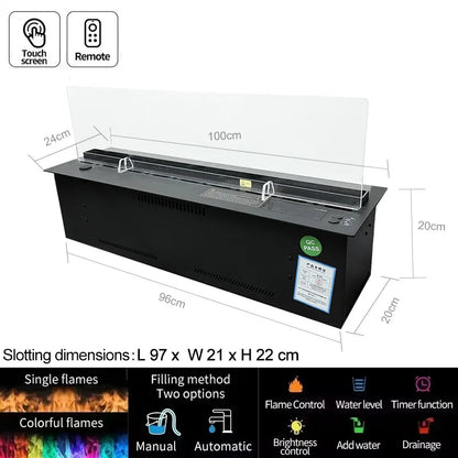 Inbouw Water Vapour Haard – Elektrische Haard – Waterdamp Haard – Ultrasone Mist Haard – LED Vlam Haard – Automatische Wateraanvulling – 1000mm Roestvrij Stalen Tank