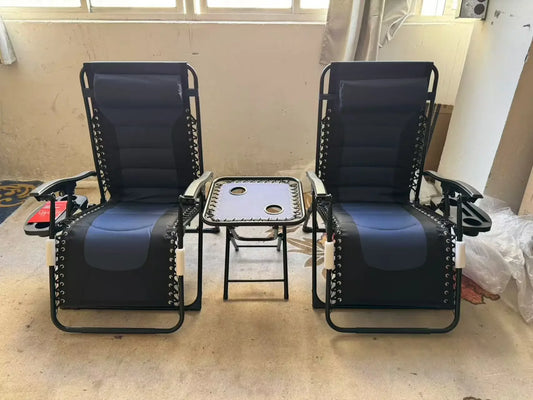 Ligstoel - Tuinstoelen - Strandstoel - Opvouwbare Tuinstoelen met Tafel - Verstelbare Rugleuning 90°-160° - Brede Zitting en Hoofdkussen - Voor Tuin - Strand en Balkon - Zwart Blauw - QUORE