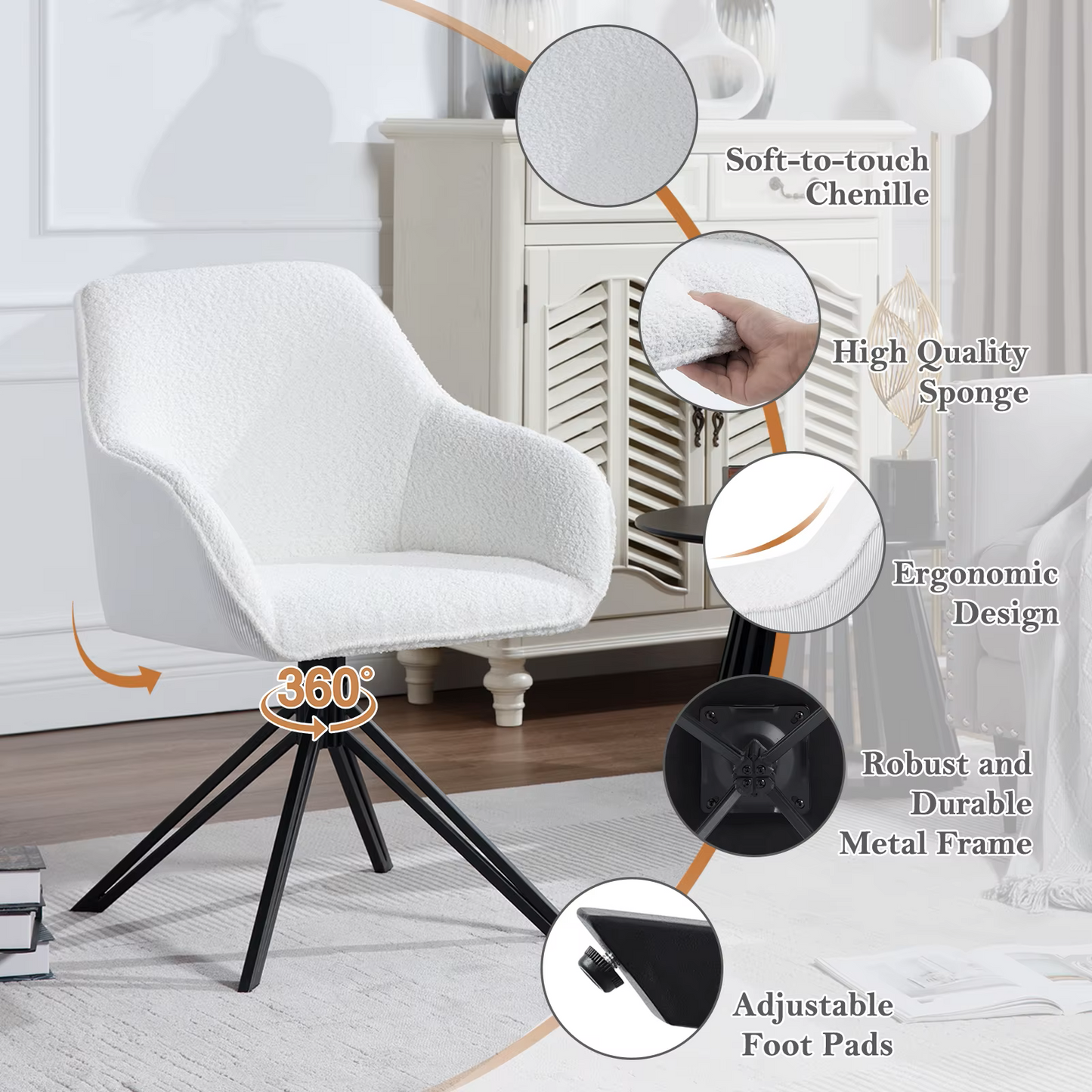 Draaistoel - Draaibare Eetkamerstoelen – Set van 2 – Ergonomische Corduroy Stoelen met Armleuningen – Comfortabele Keuken- & Loungestoelen – 360° Draaiend – Stabiel & Modern Design - 58x53.5x82cm - Wit