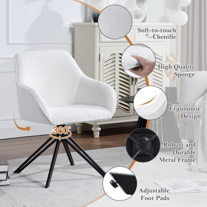 Draaistoel - Draaibare Eetkamerstoelen – Set van 2 – Ergonomische Corduroy Stoelen met Armleuningen – Comfortabele Keuken- & Loungestoelen – 360° Draaiend – Stabiel & Modern Design - 58x53.5x82cm - Wit