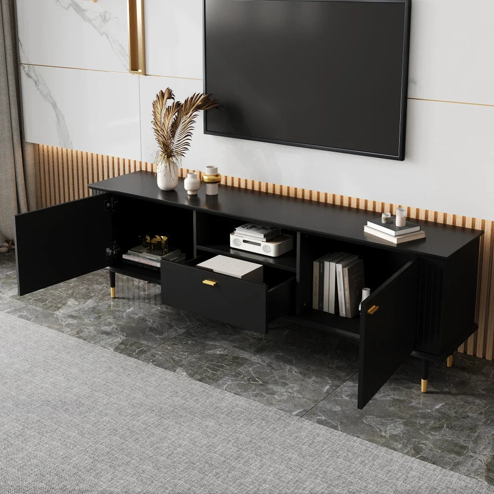 tv-meubel – tv-kast – televisie meubel – dressoir – mediameubel – wit gelakt MDF – soft-close deuren en lades – goudkleurige metalen poten - QUORE