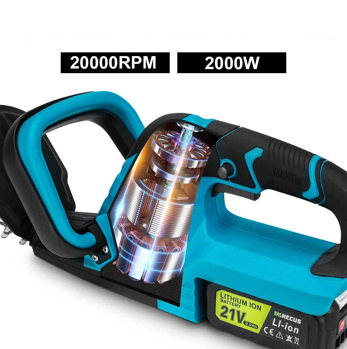 Heggenschaar Accu - Snoeischaar - Grasschaar - 20000RPM - 2000W - Brushless - Elektrische - Snoerloze Snoeischaar voor Struiken – Geschikt voor 18V Accu – Inclusief 2x Accu - QUORE