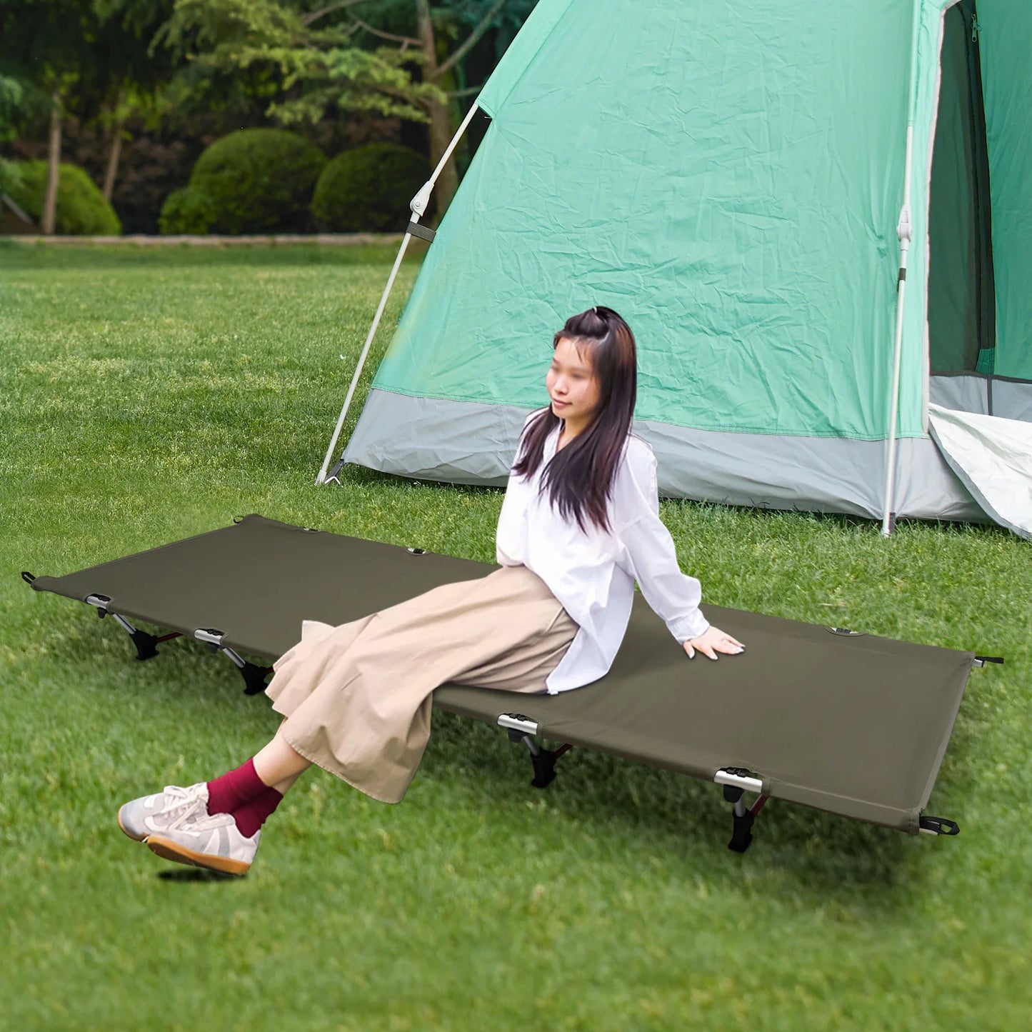 Opvouwbaar Campingbed met Draagtas – Inklapbaar Veldbed & Ligbed – 190x65x15 cm – Lichtgewicht Kampeerbed – Stevig Klapbed – Legergroen – Voor Outdoor & Vakantie