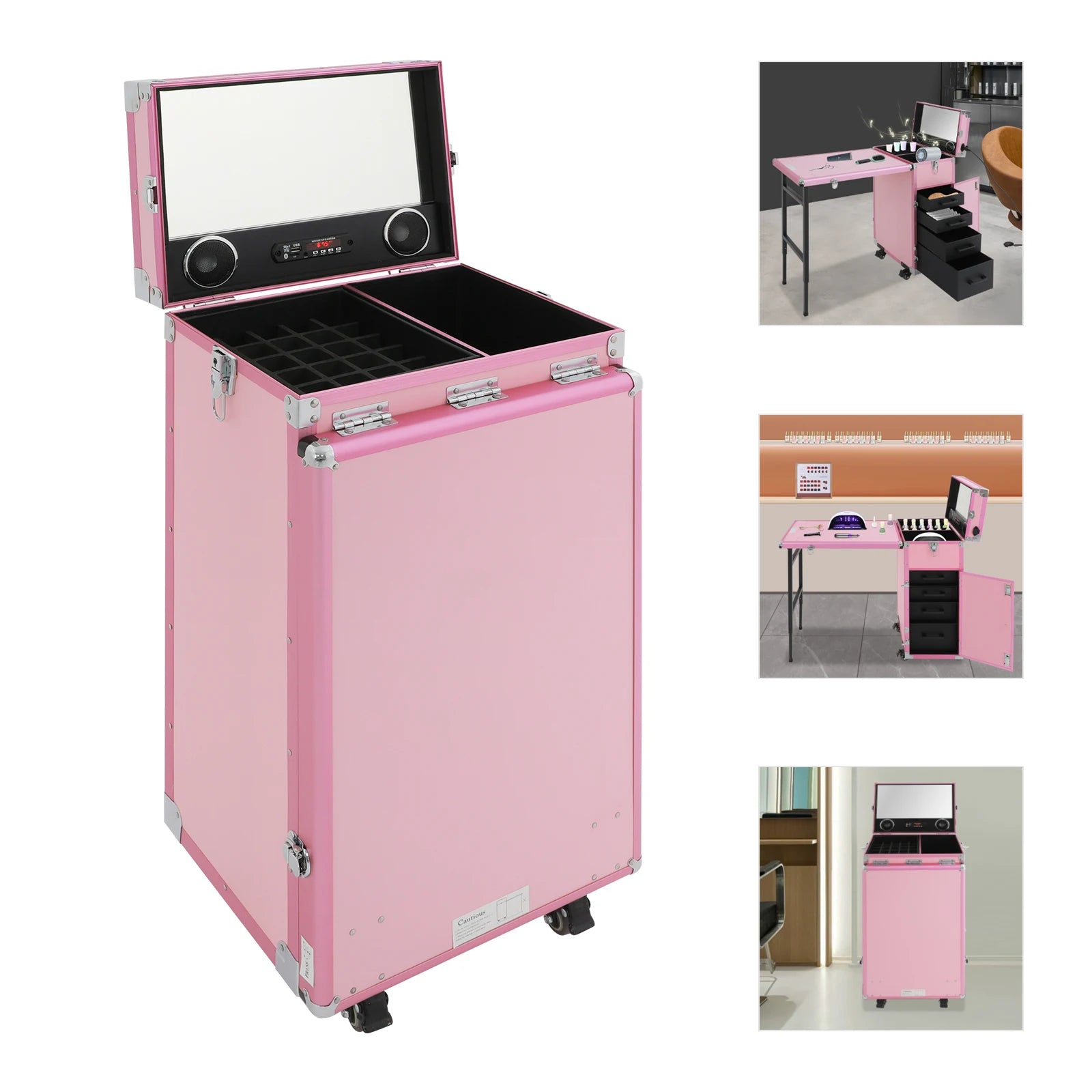 Manicure Tafel – Nageltafel – Nagelsalon Tafel – Draagbare Nageltafel – Opvouwbare Manicuretafel Zwart – Aluminium & ABS Materiaal – 4 Lades Met Remmende Wielen - QUORE
