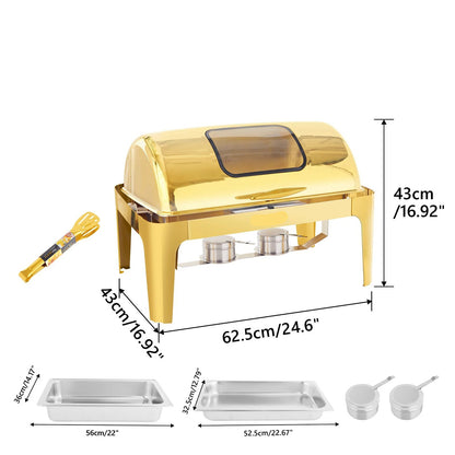 Chafing Dish - Warmhoudplaat - Buffetwarmer Set - Rechaud - Luxe RVS Warmer Set - 1 Stuks - 9QT - met Goudkleurig Afwerking en Stevig Frame voor Feesten en Bruiloften - Goud