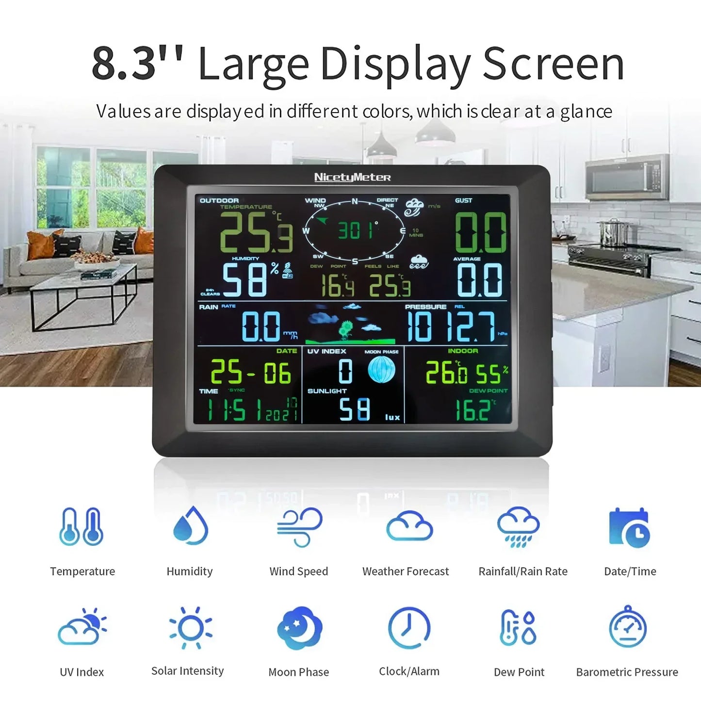 Weerstation – Hygrometer – Thermometer – Luchtvochtigheidsmeter – Buitensensor – Draadloos – Solar-Powered – Kleurendisplay