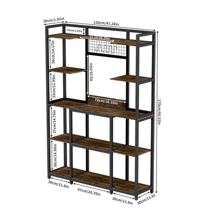 5-Laags Baker's Rack – Keukenrek – Opbergrek – Magnetronrek – Industriële Stelling – 120x30x170 cm – Metaal met MDF – 6 Haken en Anti-Kantelbeveiliging - QUORE