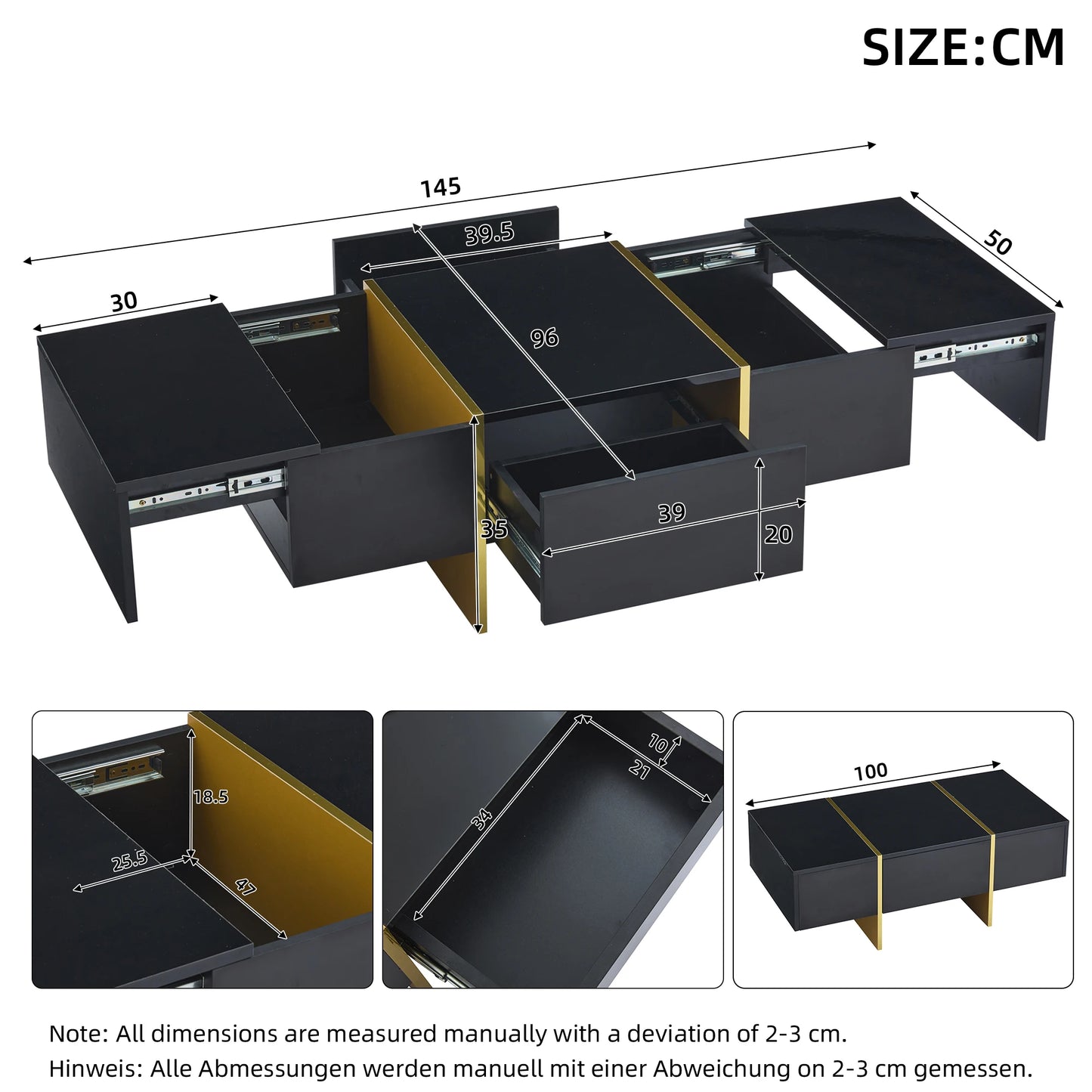 Zwart Hoogglans Salontafel – Koffietafel – Tafel – Woonkamertafel – Opbergtafel – 4 Lades – Compact MDF 100x50x35 cm