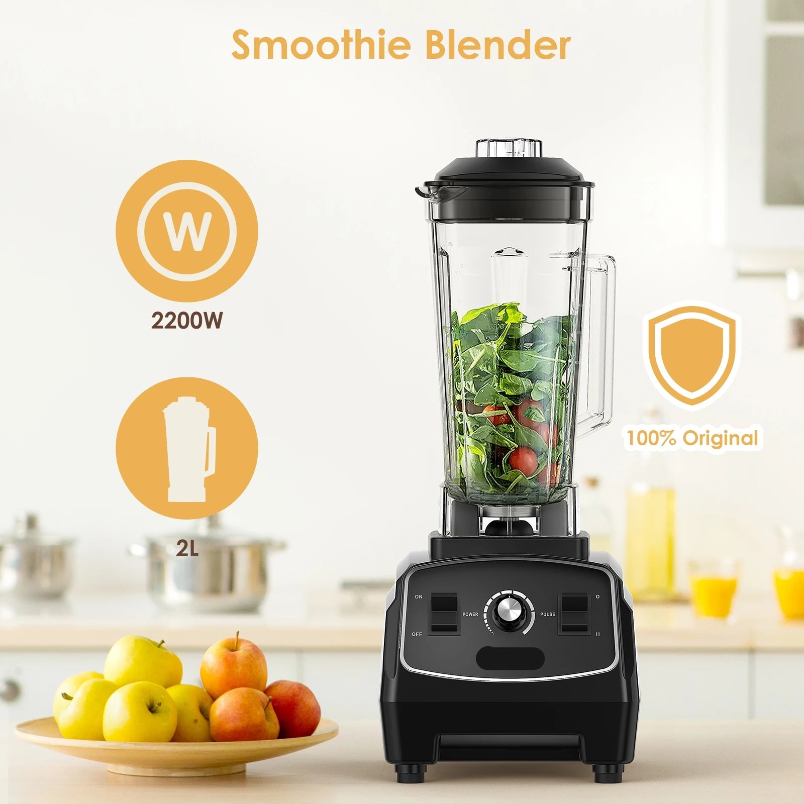 Krachtige Blender - Blender - Blender Smoothie - Smoothie Maker - Mixer - 2200W - BPA Free 3HP - Smoothies, IJs & Voedselbereiding – Zwart - QUORE