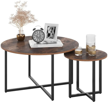 Salontafel - Middelste Tafel - Koffietafel - Woonkamertafel - 2 Stuks - Hout Rond Tafelblad - X-vormig Metaalen Poten - Duurzaam - Stabiel - Ø80 x 45 cm & Ø42 x 40cm - Hout & Zwart - QUORE