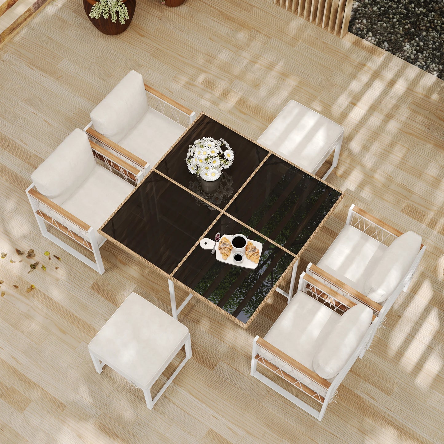 Tuinmeubelset - Tuinset – Tafel Met Stoelen – 7-Delig – Buitenmeubel – Comfortabel – 118x118 Cm – Weerbestendig Stalen Frame - Wit