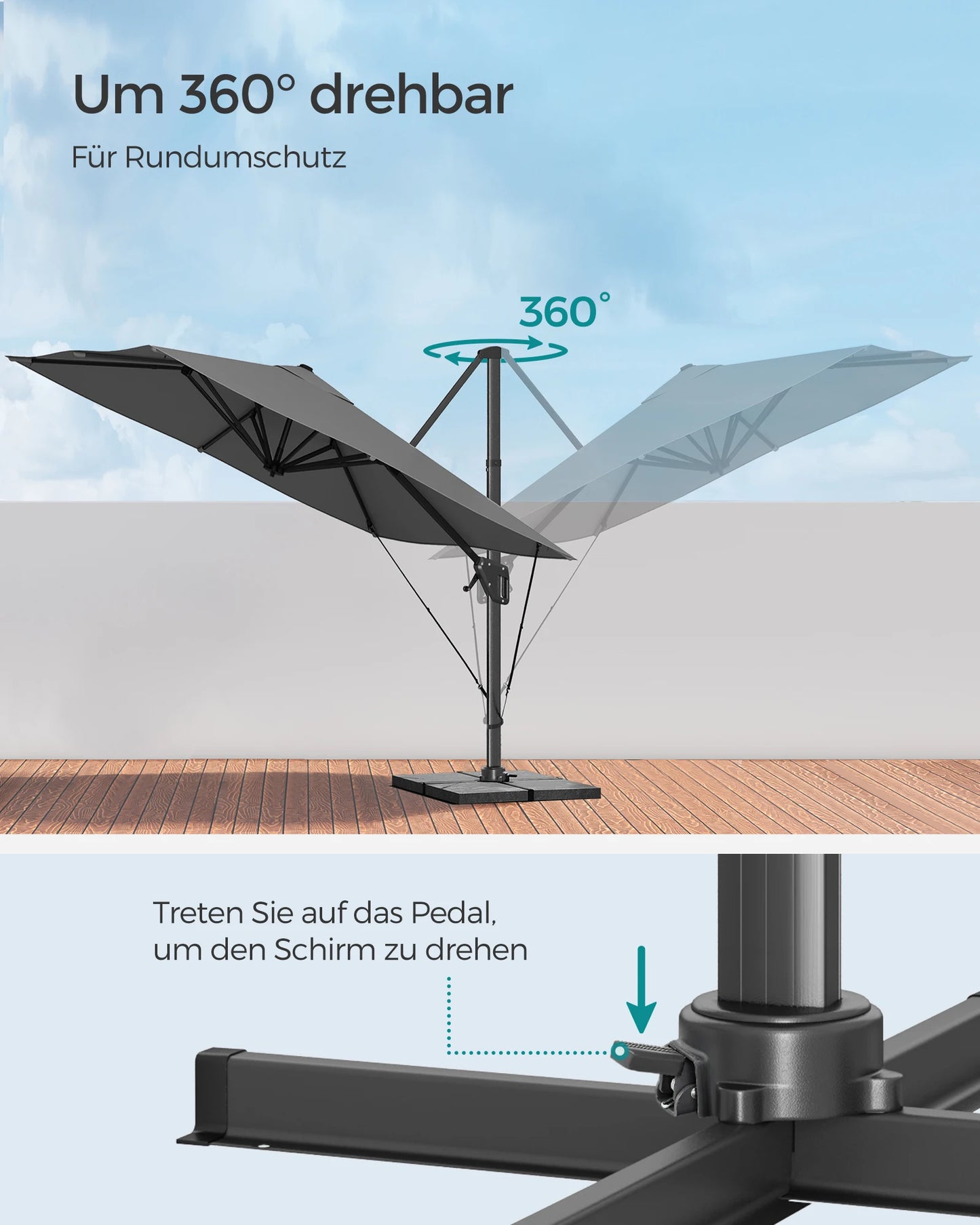 Parasol – Tuinparasol – Terrasparasol – Zonneparasol – Rond – 290x290 Cm – 360° Draaibaar - Rookgrijs - QUORE