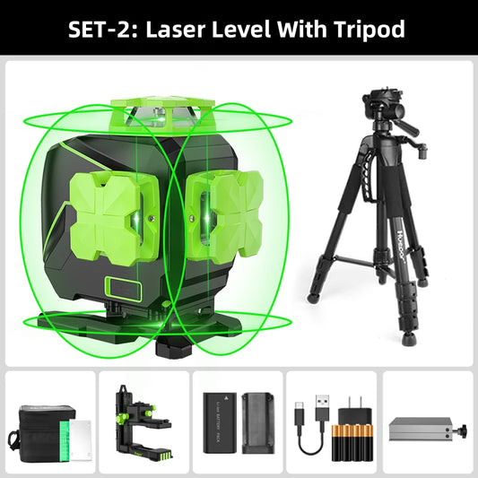 Kruislijnlaser - 4D Kruislijn - Bouwlaser - Rotatielaser - Laserliner - Laser - 16-Lijn – Groene Straal – Inclusief Detector & Statief – Geschikt voor Tegel- en Vloerwerk