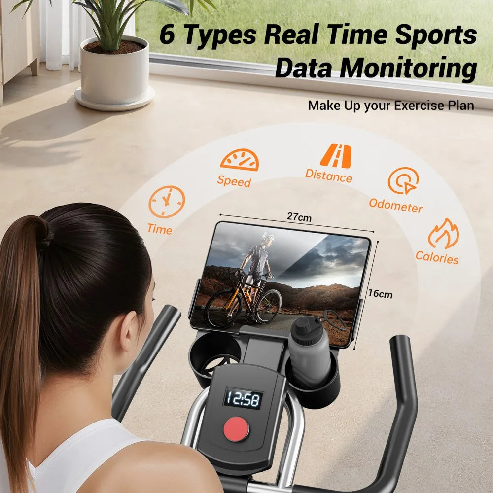 Hometrainer – Fitnessfiets – Indoor Bike – Trampolinefiets – Fietstrainer – Stil Riemaandrijving – Verstelbaar Comfortzadel – Tablet & Fleshouder – Max 136 kg