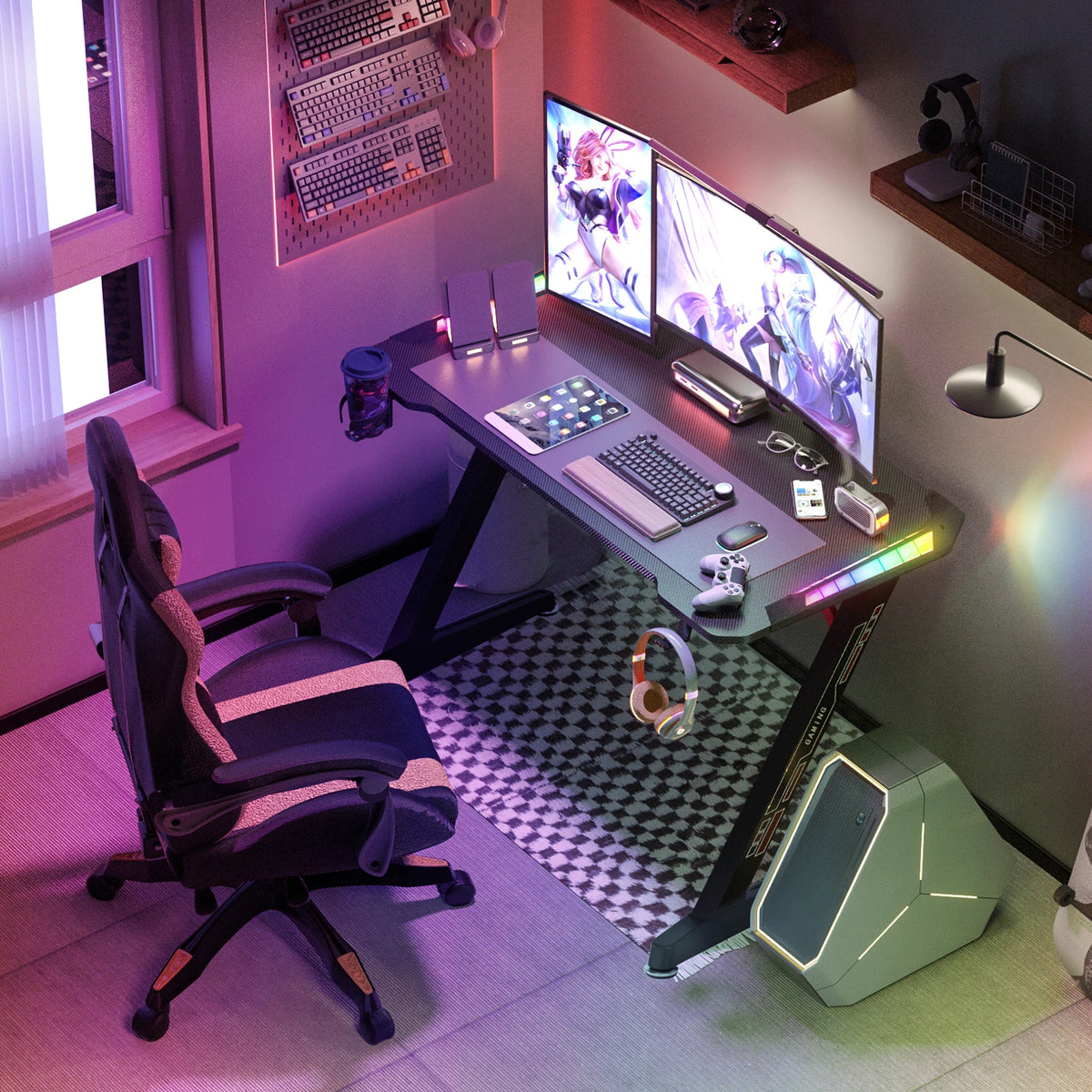 Groot laptopcomputerbureau - 55,11 x 23,62 x 30,71 inch - Rechthoekig staand bureau - Z-vormig - Gaming en thuiskantoor - PC-bureau - In hoogte verstelbaar - Zwart - QUORE