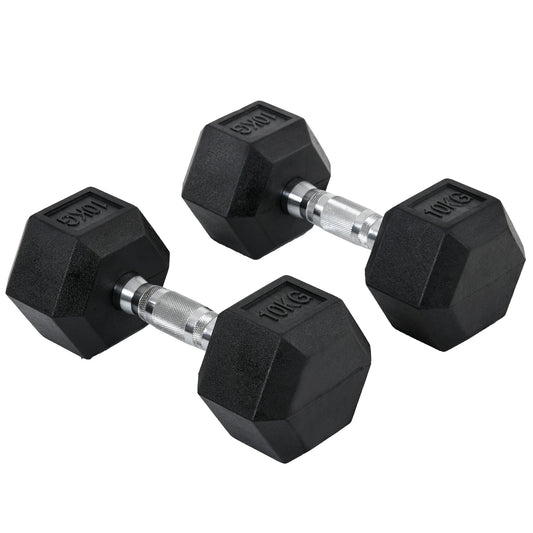 Halterset - 20 kg - Halterstang - Set van 2 Dumbbells - Hexagonaal Design - Met Rubberen Coating - Voor Krachttraining - en Fitness - Zwart en Zilver