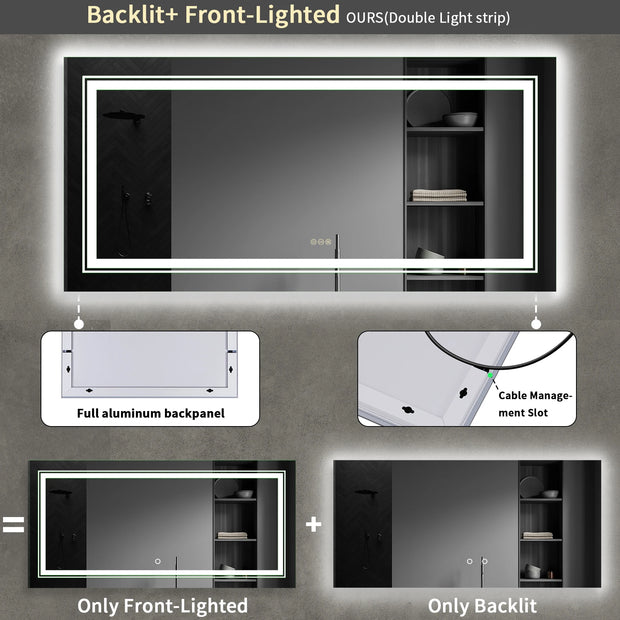 Badkamerspiegel LED – Badkamerspiegel - Badkamerspiegel met Verlichting - Dimbaar - Anti-condens – Backlit - Voorverlichting – Geheugenfunctie – Frameloos – XL - Wandmontage - 48x24 inch