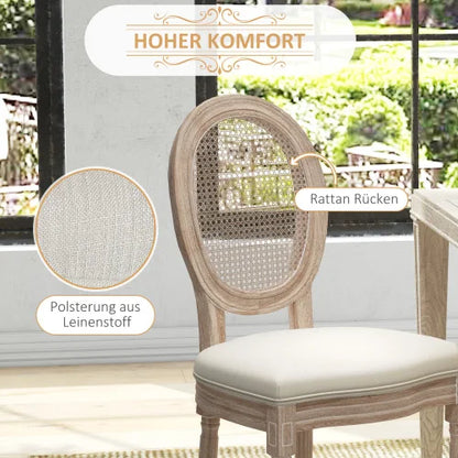 Eetkamerstoelen – Stoelen – Set Van 2 – Linnen Stoelen – Rotan Rugleuning – Massief Rubberhout – Verstelbare Voetkussens - 48 x 57 x 96 cm - Crèmewit