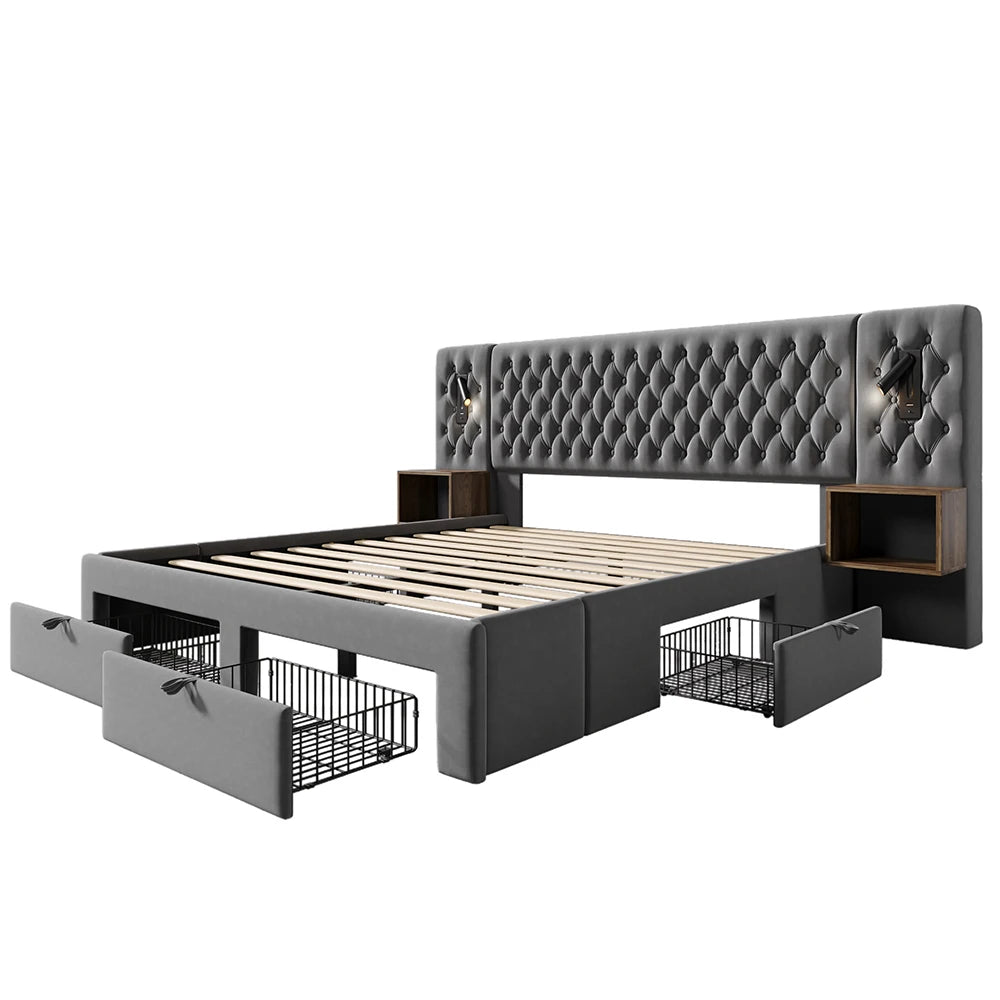 Gestoffeerd Bed – Opbergbed – Tweepersoonsbed – Slaapbank – Platformbed – 180x200 cm – Fluwelen Hoofdbord – USB Oplaadfunctie & Leeslamp - QUORE