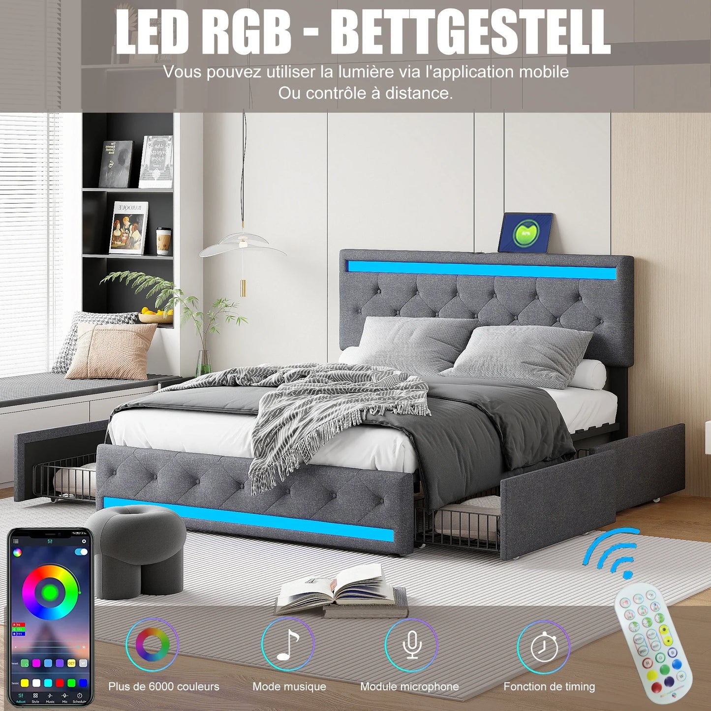 Tweepersoonsbed – Opbergbed – Bedframe – Stofbed – Led Hoofdbord – 160x200 cm – Linnen Bekleding – 4 Opberglades – Duurzaam MDF & Metaal