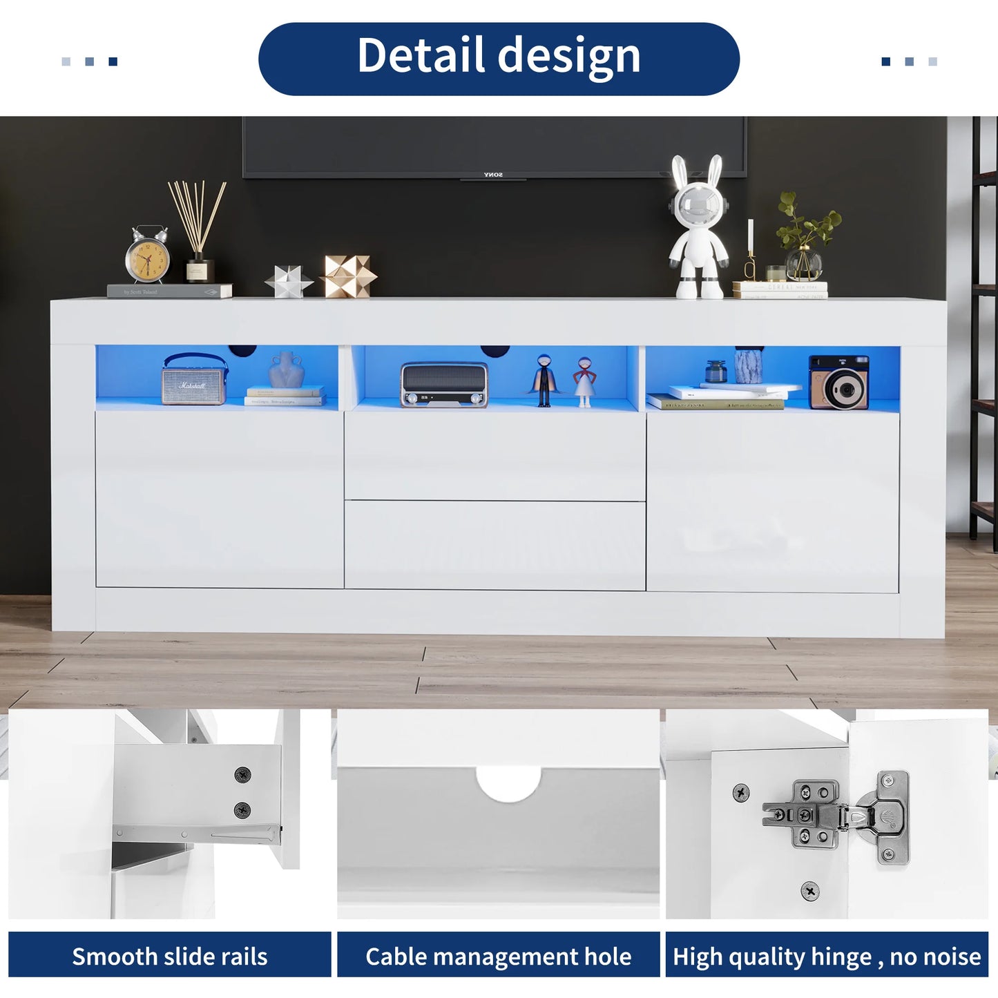 Hoogglans Tv-Meubel – Modern Tv-Kast – Mediameubel – Tv-Stand – Met Push-To-Open Lades – Led-Verlichting Met App - 160 x 35 x 60 cm - Wit