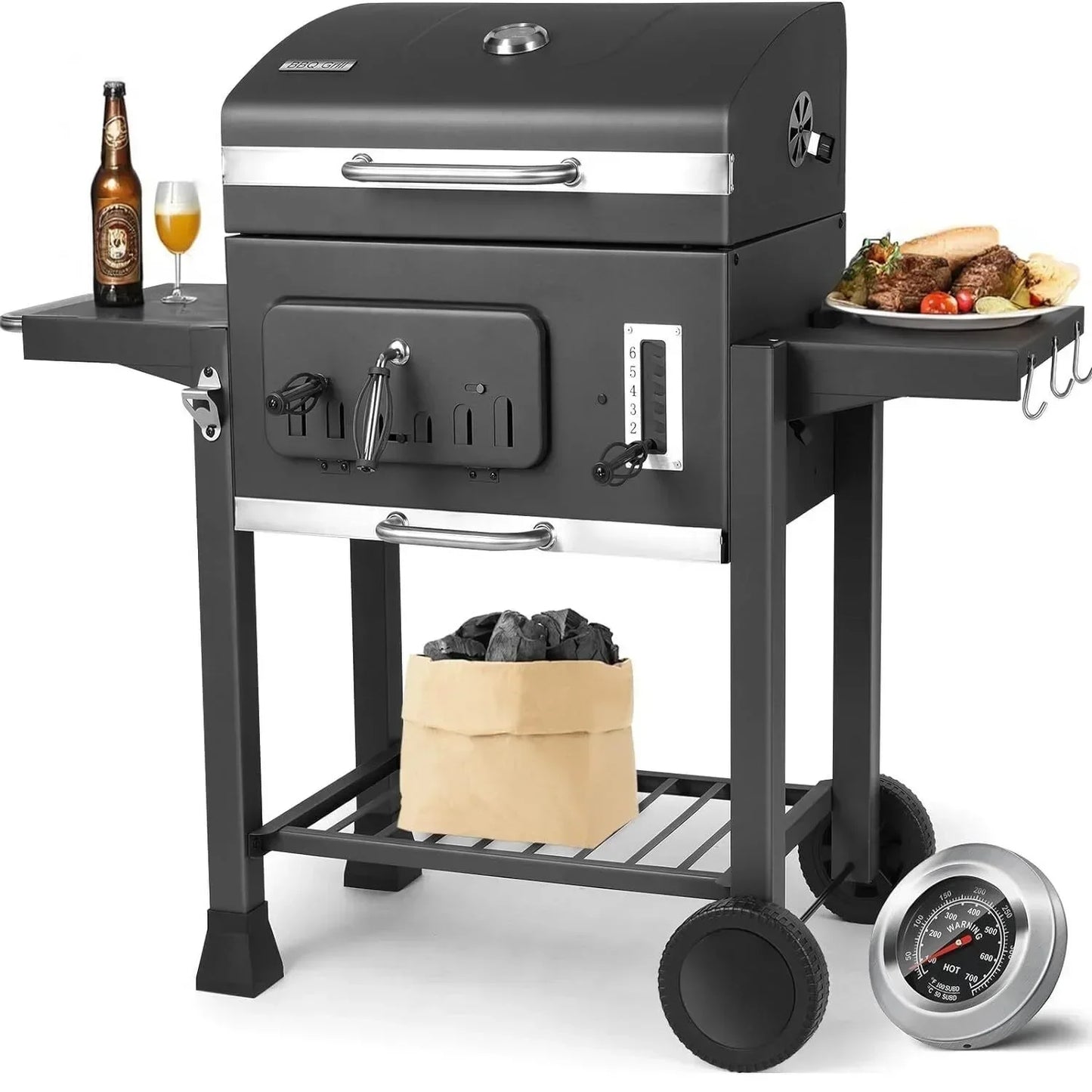 Houtskoolbarbecue – BBQ Grill – Barbecue – Houtskool BBQ – Tuinbarbecue – Grote Grillruimte 64x46 cm – Verstelbare Houtskoollade Met Thermometer - QUORE