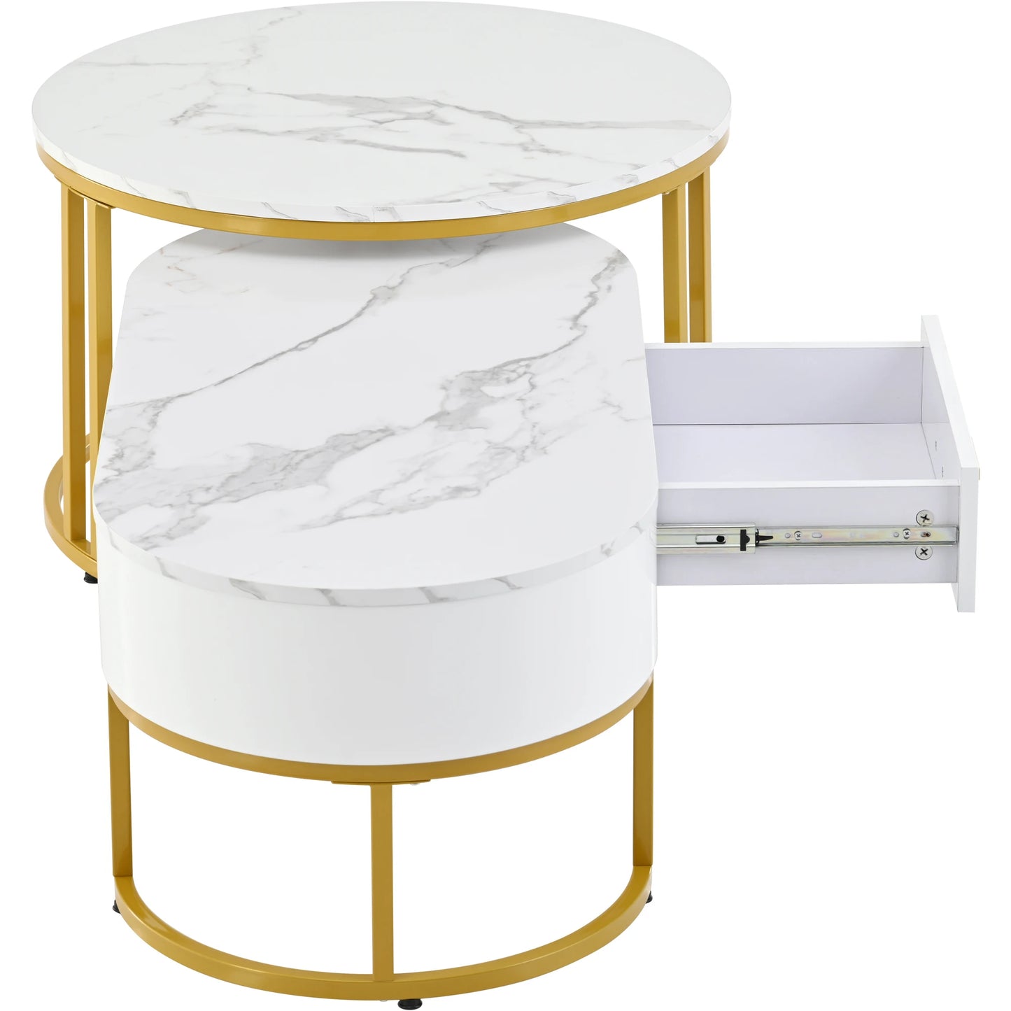 2-delige Salontafelset – Koffietafel – Bijzettafel – Woontafel – Lounge Tafel – Wit – Gouden Metalen Frame – Ruimtebesparend Ovaal Design