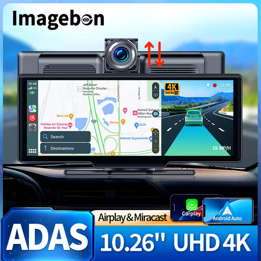 Imagebon 10.26" 4K ADAS Wireless CarPlay &amp; Android Auto Dash Cam GPS Navigation 24h Park Monitor Night Vision Rear View Mirror
