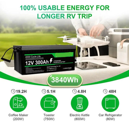 LiFePO4 Accu – 12V Batterij – Lithium Accu – Camper Accu – Boot Accu – 300Ah Capaciteit – 4000+ Laadcycli