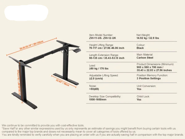 Bureauframe - Koudgewalst Koolstofstaal -  Elektrisch Bureauframe - Compatibel Desktopformaat 100-180 cm - Verstelbaar 70-117 cm Hoogte en 95-158 cm - Zwart B